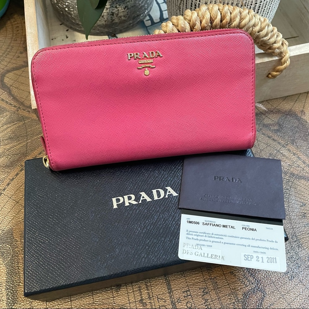 PRADA Zip Around Saffiano Leather Wallet in Peony